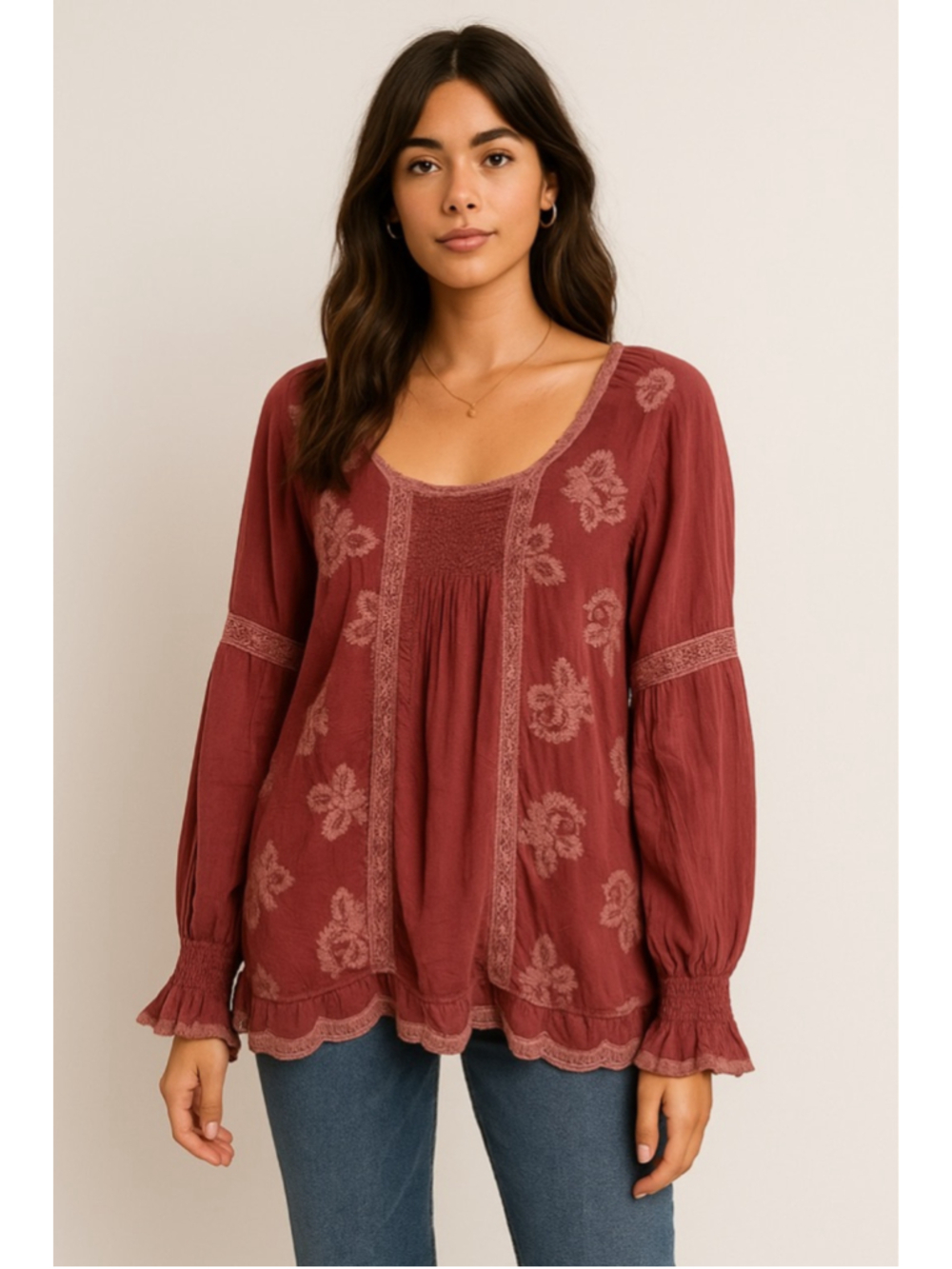 Johnny Was Embroidered Boho Peasant Tunic Blouse Burgundy Medium Large